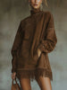 Women's Suede-Style Dress, High Neck, Long Sleeves, Pockets and Fringe Hem