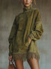 Women's Suede-Style Dress, High Neck, Long Sleeves, Pockets and Fringe Hem