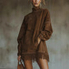 Women's Suede-Style Dress, High Neck, Long Sleeves, Pockets and Fringe Hem