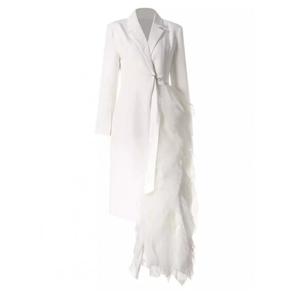 Women's One Button Suit Collar Long Sleeve Polyester Wood Ear Dress Sophisticated Style for Party in White Black