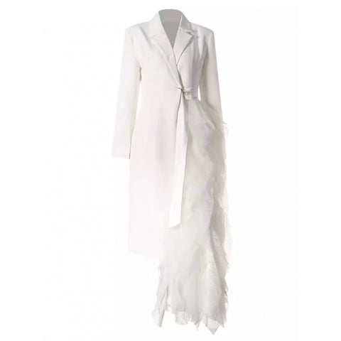 Women's One Button Suit Collar Long Sleeve Polyester Wood Ear Dress Sophisticated Style for Party in White Black