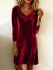 Women's Velvet-Style Dress, Cowl Neck, Long Sleeves and Relaxed Shape