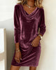 Women's Velvet-Style Dress, Cowl Neck, Long Sleeves and Relaxed Shape
