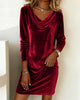 Women's Velvet-Style Dress, Cowl Neck, Long Sleeves and Relaxed Shape