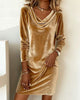 Women's Velvet-Style Dress, Cowl Neck, Long Sleeves and Relaxed Shape