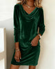 Women's Velvet-Style Dress, Cowl Neck, Long Sleeves and Relaxed Shape