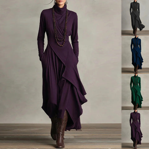 Women's Long Dress, Mock Neck, Long Sleeves and Asymmetric Crossover Skirt
