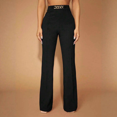 Women's High Waist Straight Leg Polyester Wide Leg Pants with Metal Decoration Elegant Business Formal Trousers for Winter in Black