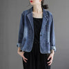 Women's Loose Fit Single Breasted Polo Collar Long Sleeve 3D Pattern Jacket with Retro Casual Office Style for Fall in Blue Denim