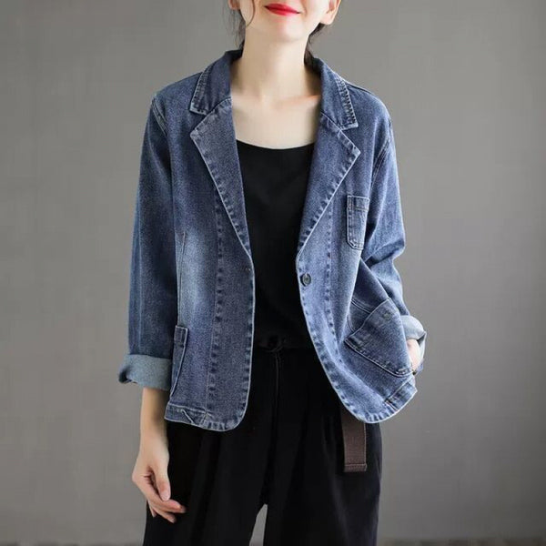 Women's Loose Fit Single Breasted Polo Collar Long Sleeve 3D Pattern Jacket with Retro Casual Office Style for Fall in Blue Denim
