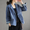 Women's Loose Fit Single Breasted Polo Collar Long Sleeve 3D Pattern Jacket with Retro Casual Office Style for Fall in Blue Denim