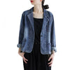 Women's Loose Fit Single Breasted Polo Collar Long Sleeve 3D Pattern Jacket with Retro Casual Office Style for Fall in Blue Denim