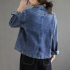 Women's Loose Fit Single Breasted Polo Collar Long Sleeve 3D Pattern Jacket with Retro Casual Office Style for Fall in Blue Denim