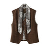 Women's Loose Fit Suede Norns Girl V-Neck Sleeveless Vest with Single Row Buckle Closure and Beads for Winter Layering in Brown