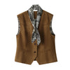 Women's Loose Fit Suede Norns Girl V-Neck Sleeveless Vest with Single Row Buckle Closure and Beads for Winter Layering in Brown