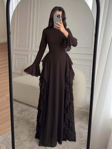 Women's Long Dress, High Neck, Flared Sleeves and Tiered Ruffle Skirt