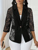Women's Regular Fit Sexy Lace Solid Color Suit Collar Three-Quarter Sleeve One Button Casual Blazer Jacket for Winter in White Black Apricot