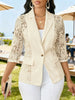Women's Regular Fit Sexy Lace Solid Color Suit Collar Three-Quarter Sleeve One Button Casual Blazer Jacket for Winter in White Black Apricot
