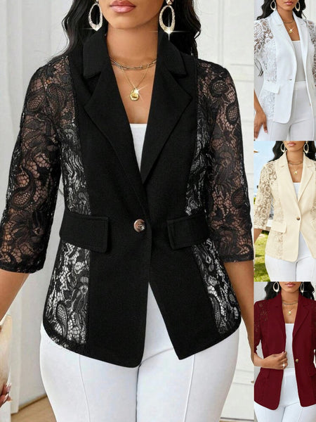 Women's Regular Fit Sexy Lace Solid Color Suit Collar Three-Quarter Sleeve One Button Casual Blazer Jacket for Winter in White Black Apricot