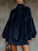 Women's Mini Dress, Tie Neck, Long Puff Sleeves and Solid or Plaid Options