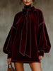 Women's Mini Dress, Tie Neck, Long Puff Sleeves and Solid or Plaid Options