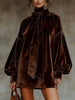 Women's Mini Dress, Tie Neck, Long Puff Sleeves and Solid or Plaid Options