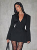 Women's Long Sleeve V-Neck Solid Color Suit Style Dress with Pocket and Hood for Fall in Black