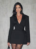 Women's Long Sleeve V-Neck Solid Color Suit Style Dress with Pocket and Hood for Fall in Black