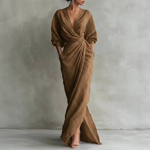 Women's Sexy V Neck Wrap Waist Long Dresses Spring Casual Solid Slim Bodycon Hips Dress Elegant Long Sleeve Slit Maxi Dress