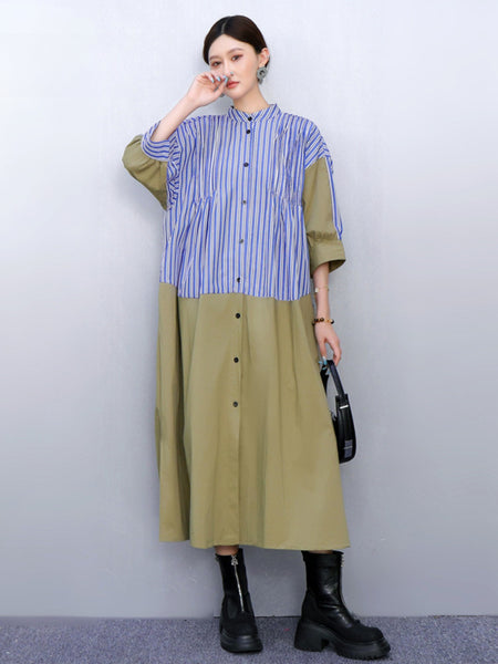 Autumn Women's Dress Loose Patchwork Striped Shirt Dress Versatile Age-Reducing