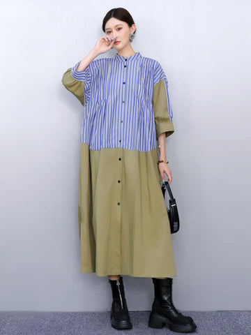 Autumn Women's Dress Loose Patchwork Striped Shirt Dress Versatile Age-Reducing