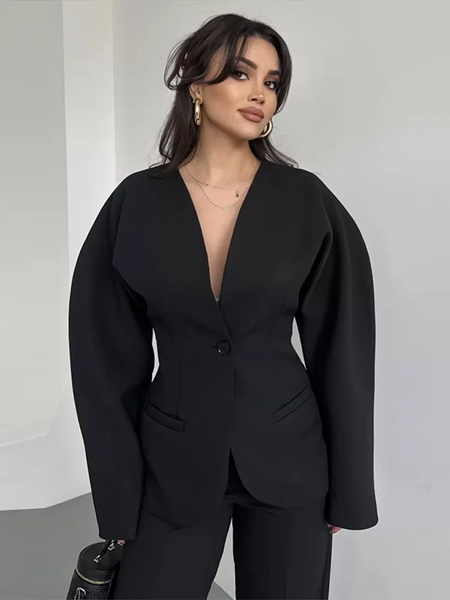 Elegant V-neck Blazers Coat Pants Set Women Solid Single Button Suit Coats Straight Long Trousers Spring Office Lady Outfit