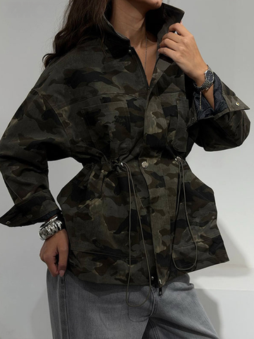 Camouflage Stand Collar Jackets Women's Casual Zipper Drawstring Waist-cinching Pockets Coat Autumn Ladies Outwear