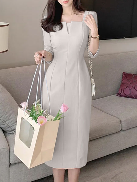 Elegant Women Slim Knee-length Dress Square Neck 3/4 Sleeve Seamed Party Vestidos Casual Commute Solid Short Robe