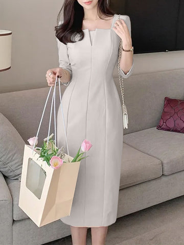 Elegant Women Slim Knee-length Dress Square Neck 3/4 Sleeve Seamed Party Vestidos Casual Commute Solid Short Robe