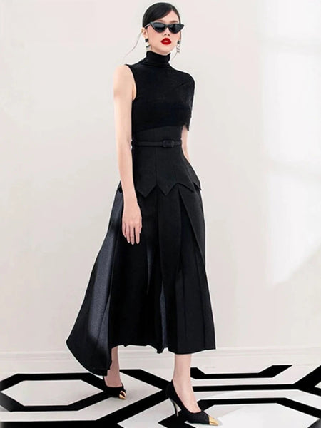 Asymmetric Knitted Patchwork Belt Waist Long Women's Evening Party Dresses Spring 35Z2228