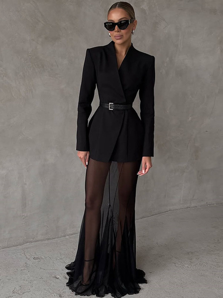 Elegant Solid Blazer Skirt Set Women Long Sleeve Button V-neck Blazer Lace See Through Long Skirts Spring Party Lady Suit