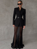 Elegant Solid Blazer Skirt Set Women Long Sleeve Button V-neck Blazer Lace See Through Long Skirts Spring Party Lady Suit