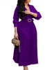 Purple Belt V-Neck Long Sleeve A-Line Pleated Dress Women Elegant Slim Evening Party Club Vestidos African Robe