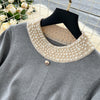 Brand Autumn Winter Women Knitted Long Dress Pearls O-neck A-line Sweater Dress Office Lady Vestido