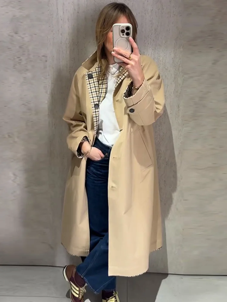 Vintage Khaki Reversible Plaid Trench Coat Women Loose Lapel Single Breasted Pocket Full Sleeve Jacket Autumn Lady Outwear