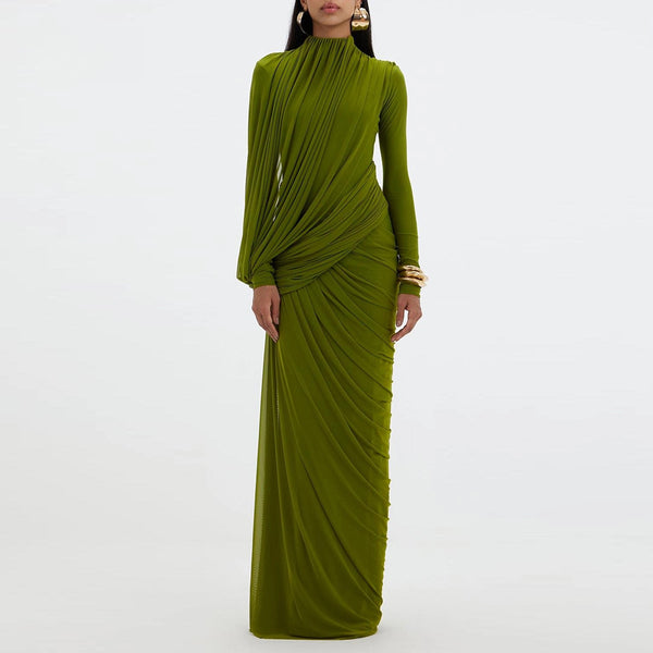 Elegant Vintage Spliced Ribbon Dresses for Women Turtleneck Long Sleeve Irregular Folds Evening Maxi Dress Female