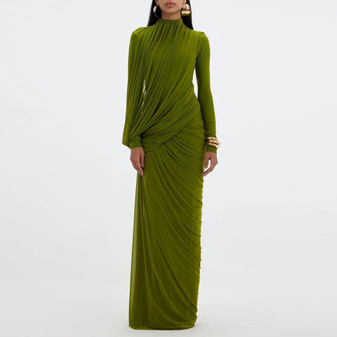 Elegant Vintage Spliced Ribbon Dresses for Women Turtleneck Long Sleeve Irregular Folds Evening Maxi Dress Female