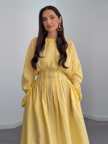 Casual Pleated Women's Dress Solid Long Sleeve O-Neck Waist-Closed Lace-Up Dresses Chic Female Vacation Holiday Robe