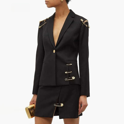 Chic Spliced Metal Pin Slimming Blazer for Women Notched Collar Long Sleeve Patchwork Mesh Hollow Out Jacket Female