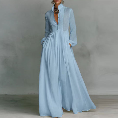 Bohemian Stand Collar Button Maxi Shirt Dress Woman Elegant High Waist Solid Party Dress Spring Long Sleeve Loose Casual Dresses