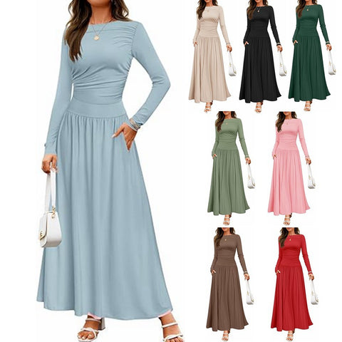 Women's Knit Dress with Pockets, Round Neck Long Sleeve Pleated Slim Fit Dress for Fall Winter