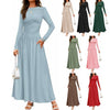 Women's Knit Dress with Pockets, Round Neck Long Sleeve Pleated Slim Fit Dress for Fall Winter