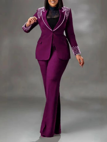 Pearl Splicing Women's Set Long Sleeve Blazer and Wide Leg Pants Suit Winter OL Fall Two 2 Piece Set Outfit