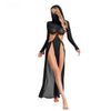 Women Sheer Dress with Hooded Face Mask Maxi High Slit Sexy Mesh Dress Long Sleeves Hollow Out Sheer Dress Cover Up Swimwear